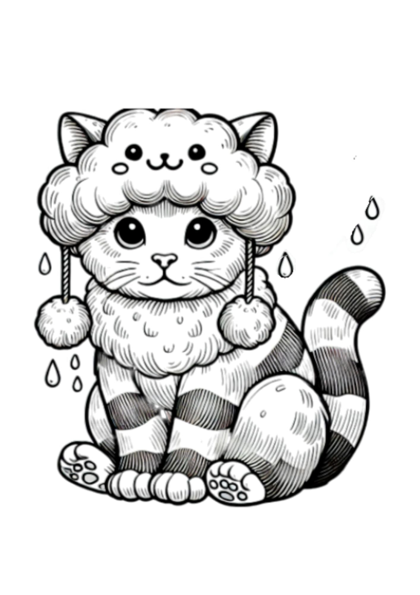 Rain Cat Coloring Page
