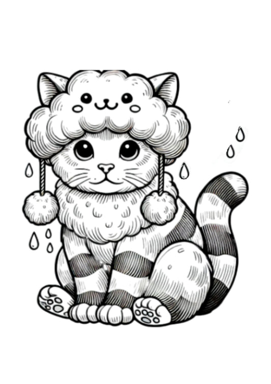 Rain Cat Coloring Page